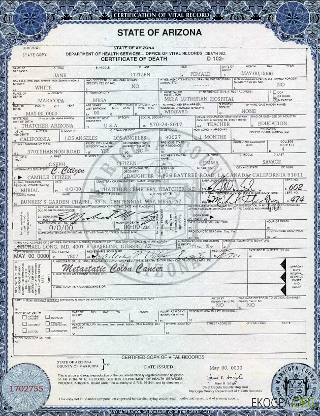 Modèle de certificat de décès de l'État américain de l'Arizona au format PSD, version 2